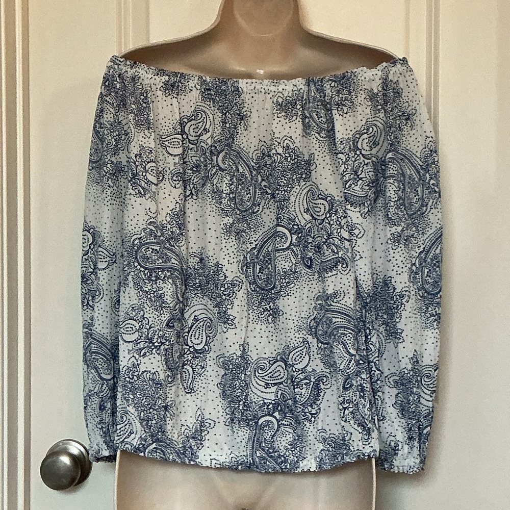 NWOT Tommy Hilfiger Blue Paisley Off the Shoulder Long Balloon Sleeves Top M - Picture 3 of 8